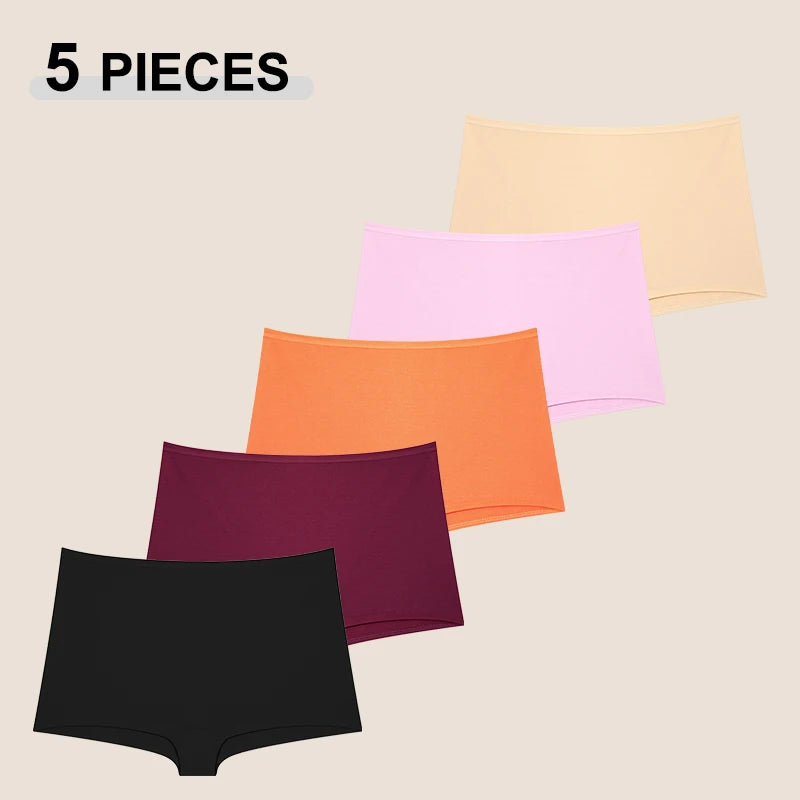 5Pcs/Set Seamless Cotton Boyshorts Panties For Women Solid Color High Waist Elastic Underwear Soft Cozy Breathable Boxer Short
