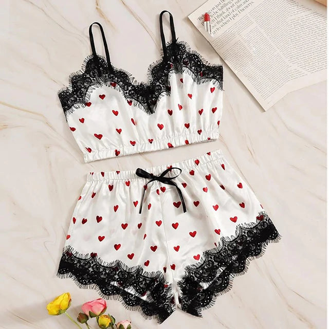 Satin Silk Pajamas Set Women Sexy Lace Sleepwear Summer Hot V-neck Sleeveless Pijamas Faux Silk Homewear Pink Striped Nightwear