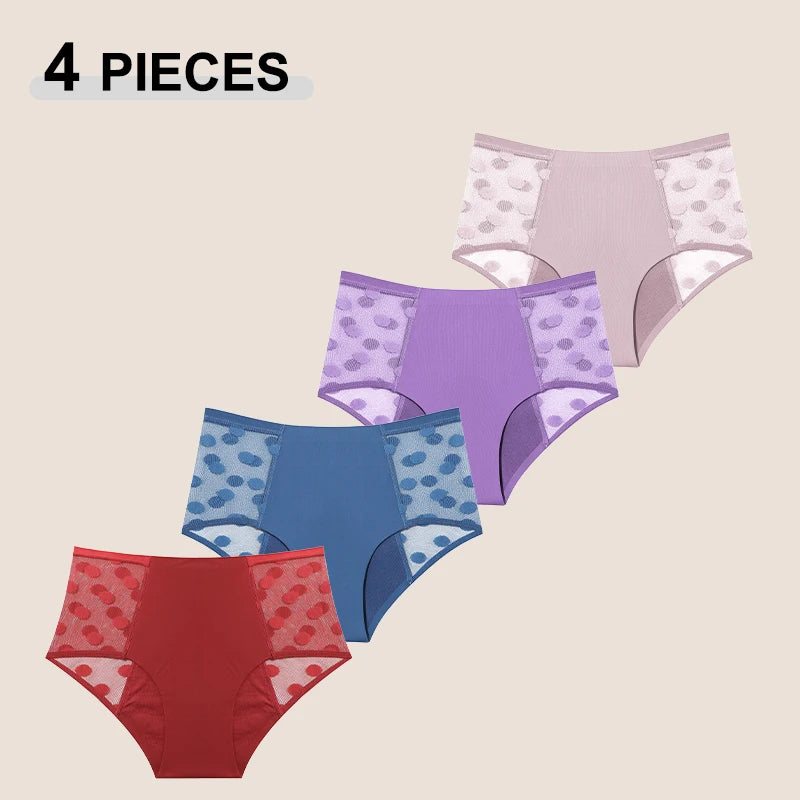 4Pcs/Set Absorption Leakproof Menstrual Period Briefs Seamless Lace Polka Dot Breathable Physiological Underwear Female Lingerie