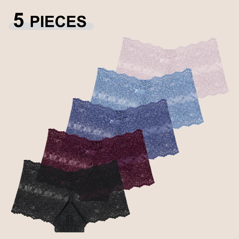 5Pcs/Set Sexy Lace Perspective Panties Solid Color Hollow Out High Waist Star Boyshort Female Elastic Transparents Boxer Shorts