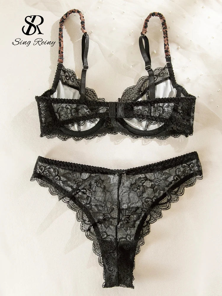 SINGREINY Leopard Print Sexy Lingerie Sets Women Lace Patctwork Sheer Bra Brief Sets Transparent Chic Vintage Underwear Suits