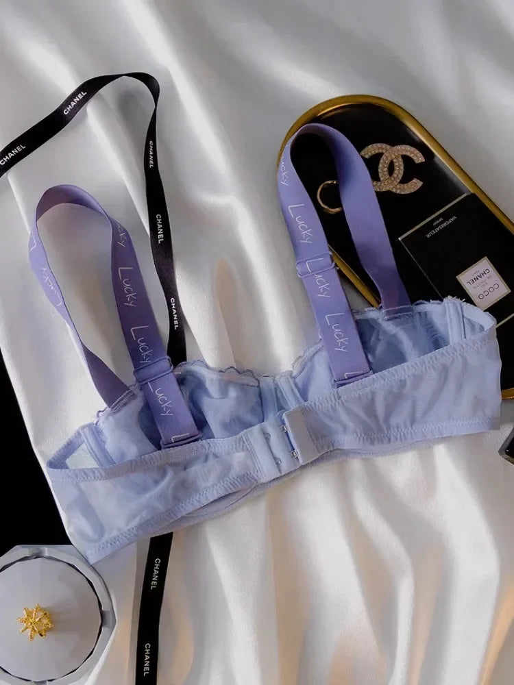 MOYISU French Lucky Blue Lace Bra & Panty Set - Sheer Half Cup Bralette, Ultra Thin Sexy Lingerie for Women, Romantic Underwear