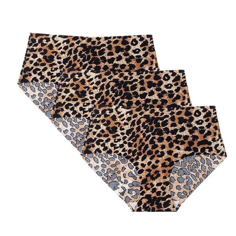 3pcs Women's Seamless Ice Silk Panties Female Mid Waist Plus Size Leopard Print Underwear Girls Fashion Brief Lady Comfort Panty
