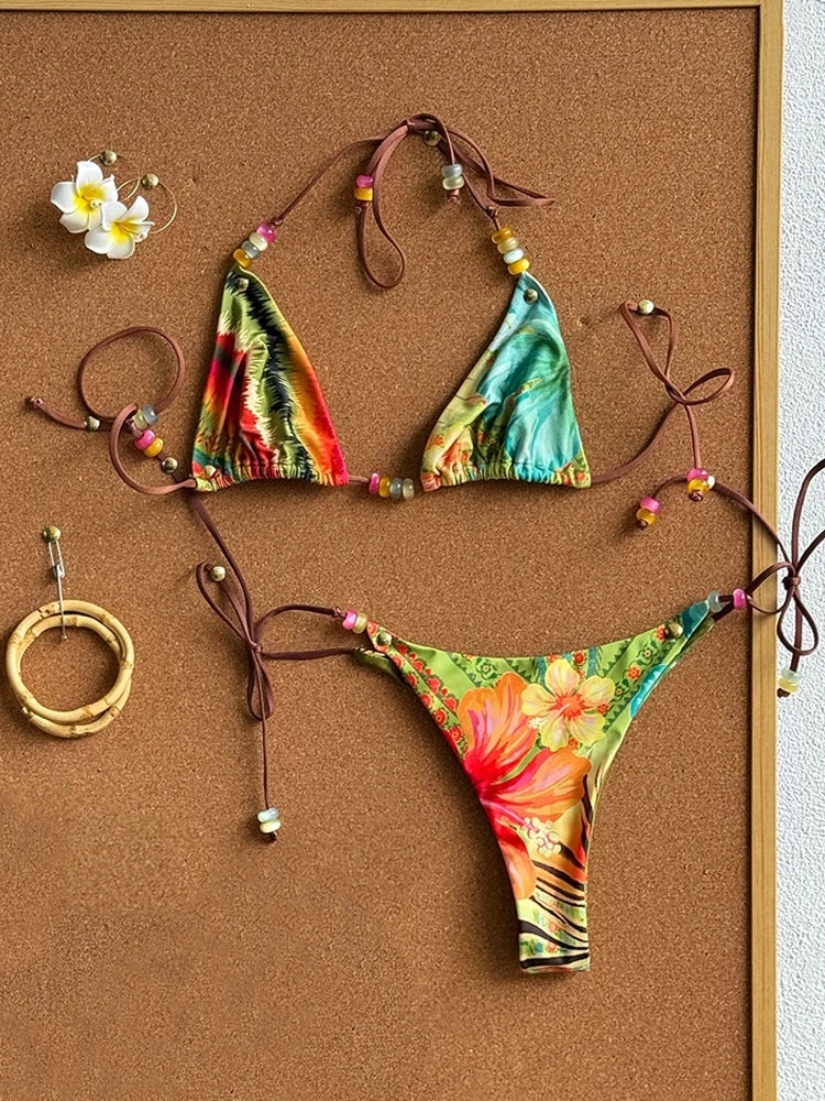 2025 New Sexy Low Waist Bikini Set Print Swimwear Women Swimsuit Brazilian Strappy Halter Beachwear Bathing Suit biquini Female