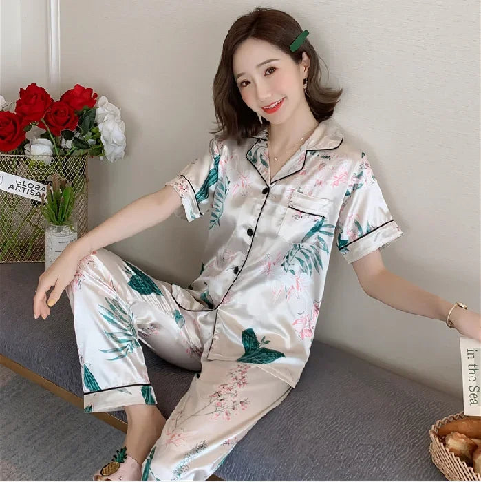 Satin Silk Pajamas Set for Women Cartoon Print Turn-down Collar Short Sleeve Top+Long Pants Matching Sets Homewear Plus Size 5XL