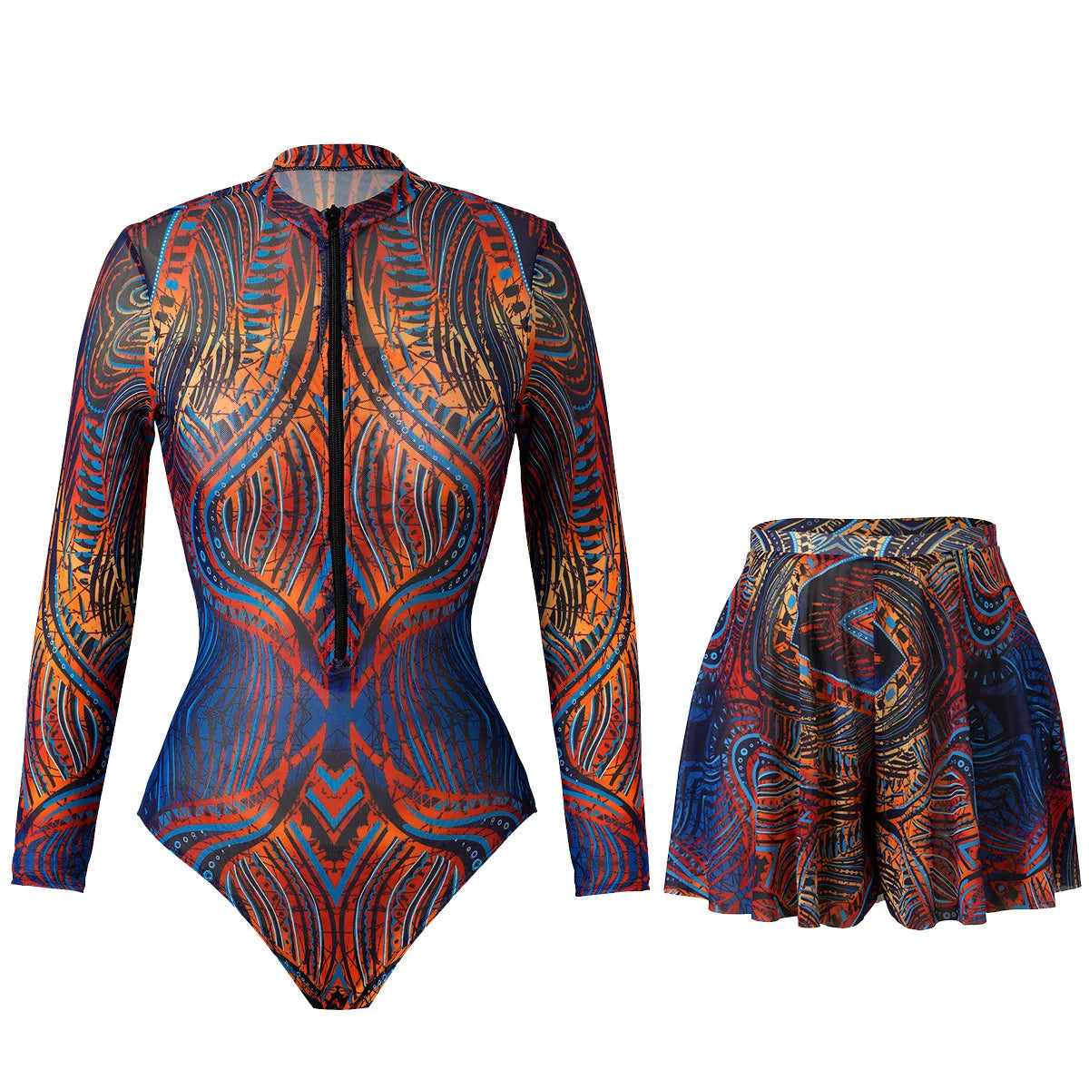 2025 Mesh Swimsuit with Long Sleeves Sexy One Piece Slimming Bathing Suit with Skirt & Long Pants Bodysuit Smart Beach Clothes