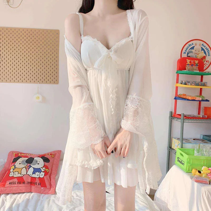 Elegant Sweet Simple Solid White Women Robe Gown Sets Chic Lace Bow Mesh Sleepwear Breathable Slim Nightdress