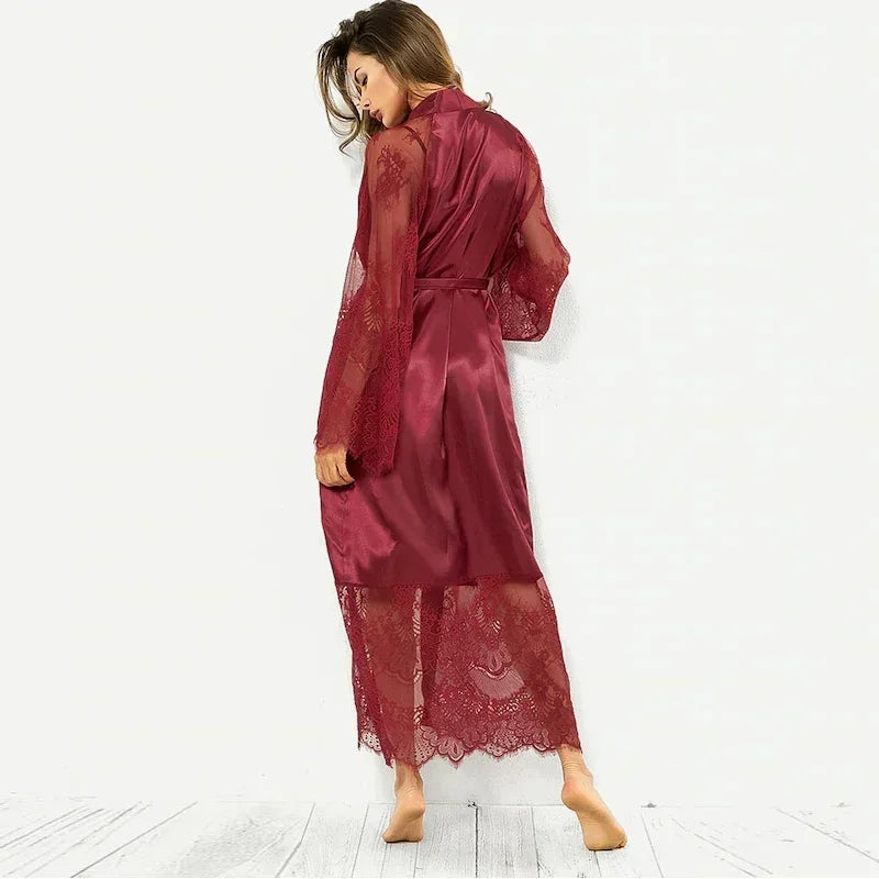 Sleepwear Women's Bathrobe Sexy Lingerie Lace Satin Kimono Sleep Long Dress Robes Pajamas Nightgown