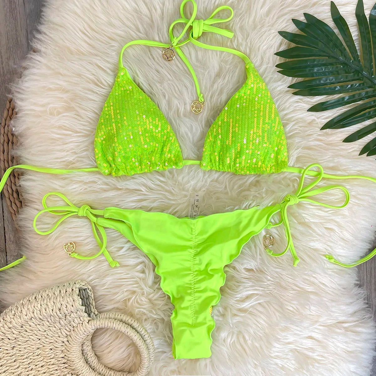 Melphieer Swim 2pcs Women's Summer Beach Holiday Ruching Bum Sequins Sparkle Glitter Plain Halter Strap Bikini Swimwear Set