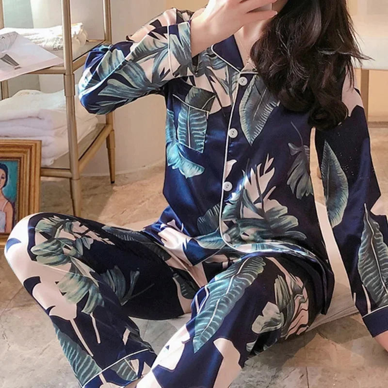 2025 Satin Silk Pajamas Set Women Cartoon Printed Full Sleeve Sleepwear Pijamas Suit Homewear 2 Pieces Loungewear Pjs Plus Size
