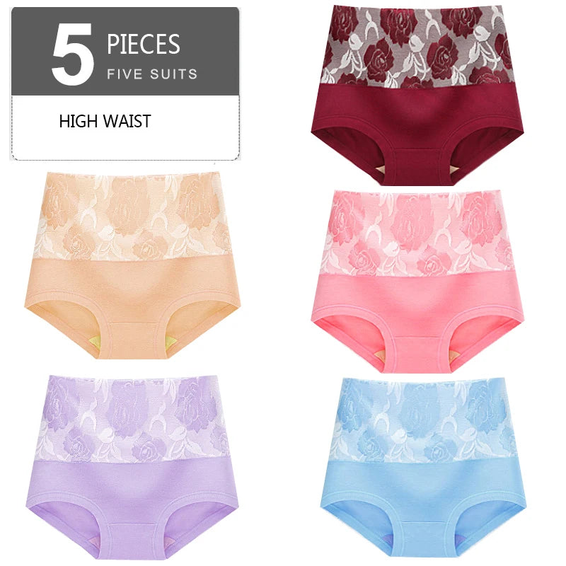 5Pcs Women Panties High Waist Body Shaper Underwear Print Girls Briefs Soft Sexy Underpants Breathable Cotton Female Lingerie