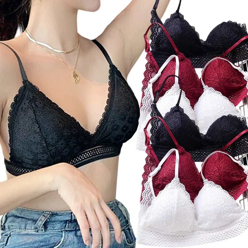 Lace Triangle Cup Padded Bra Women Embroidery Hollow Underwear Sexy Floral Deep V Brassiere Seamless Push Up Bralette Lingerie