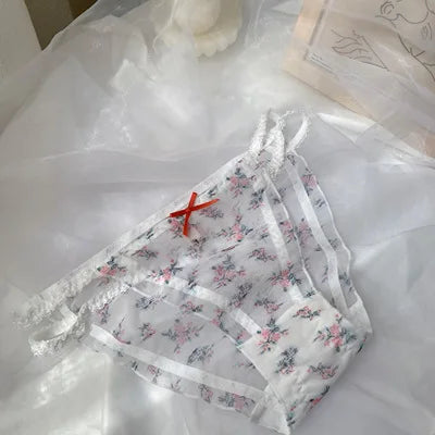 Women's panties Cross waistband Hipsters Low Rise Lace Strappy Panties Transparent Mesh Floral Pattern Sweet Bowknot Underwear B