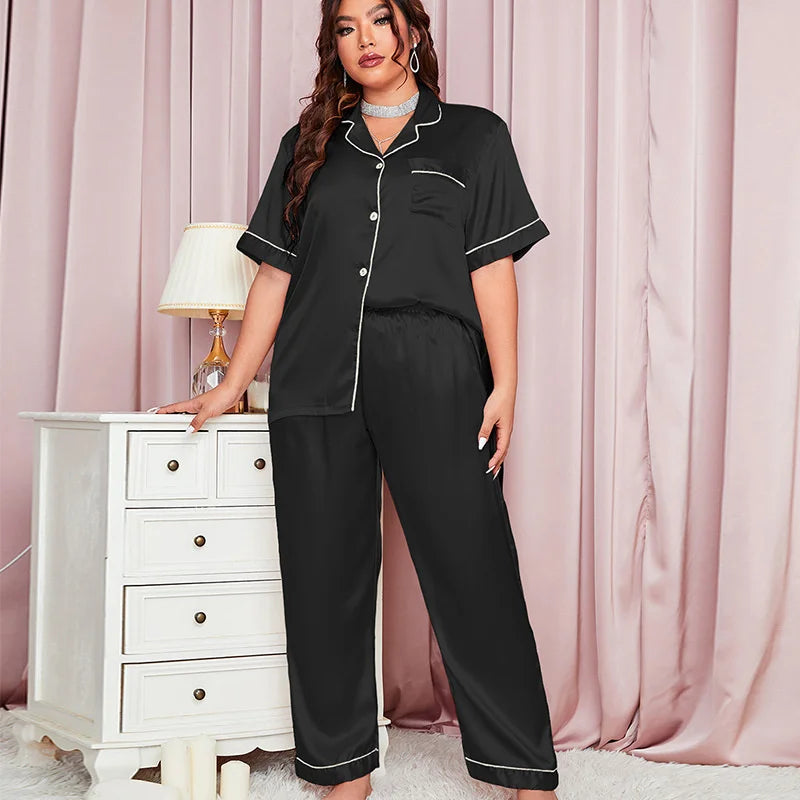Summer Fashionable Women Silk Sleepwear Set Personalized Satin Casual Thin Loose Tops Long Pants Home Wear