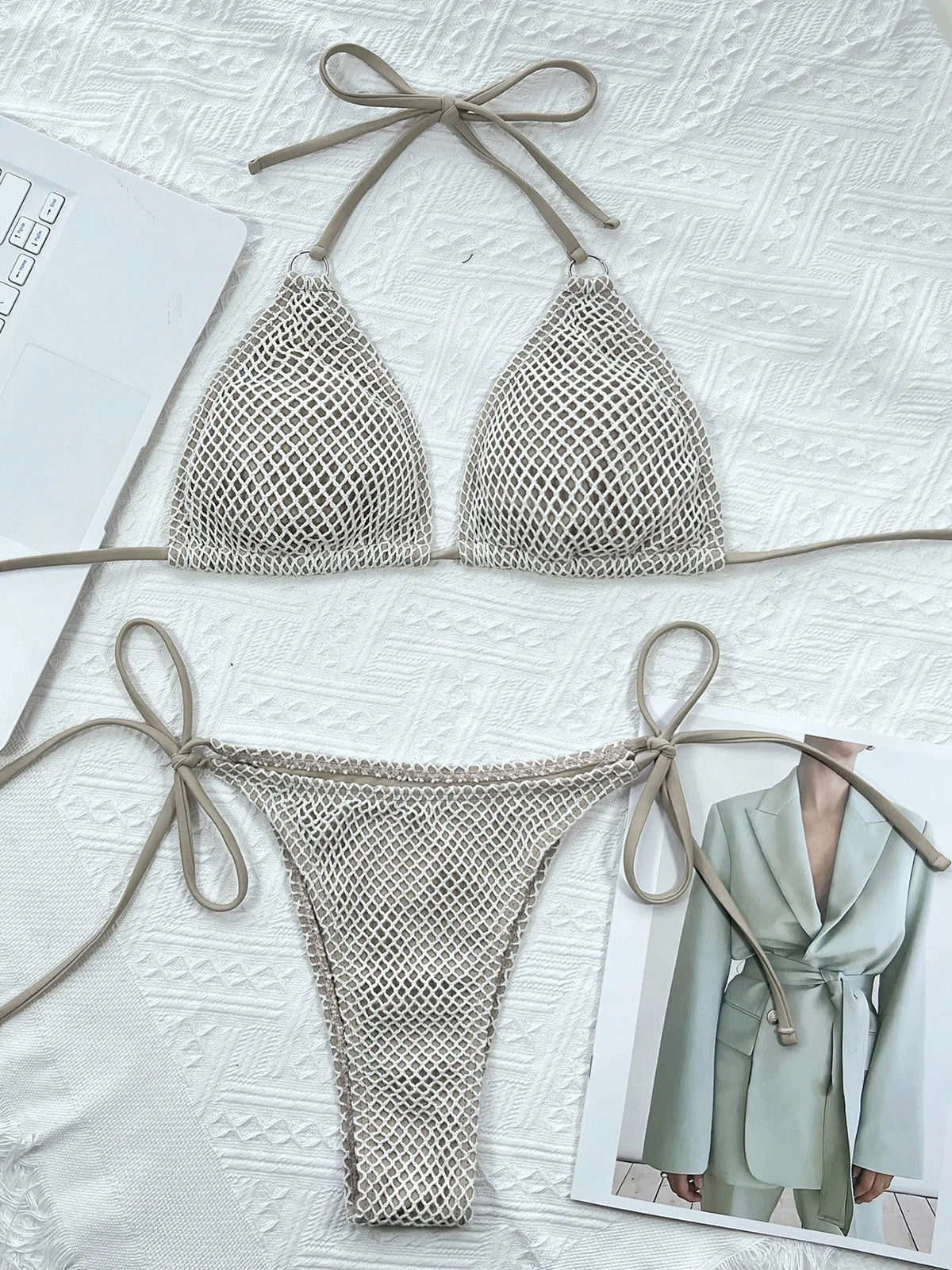 Sexy Halter Mesh Fish Net Brazilian Bikini Female Swimsuit Women Swimwear Two-pieces Bikini set Bather Bathing Suit Swim K3680