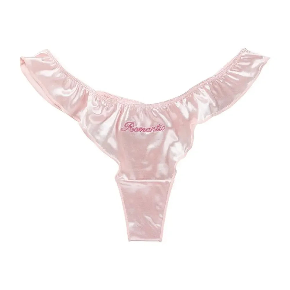 Sweet Pink Satin Silk Ruffle Thong Sexy Low Waist G-String Briefs for Women Ice Silk Underwear Female Intimates Lingerie