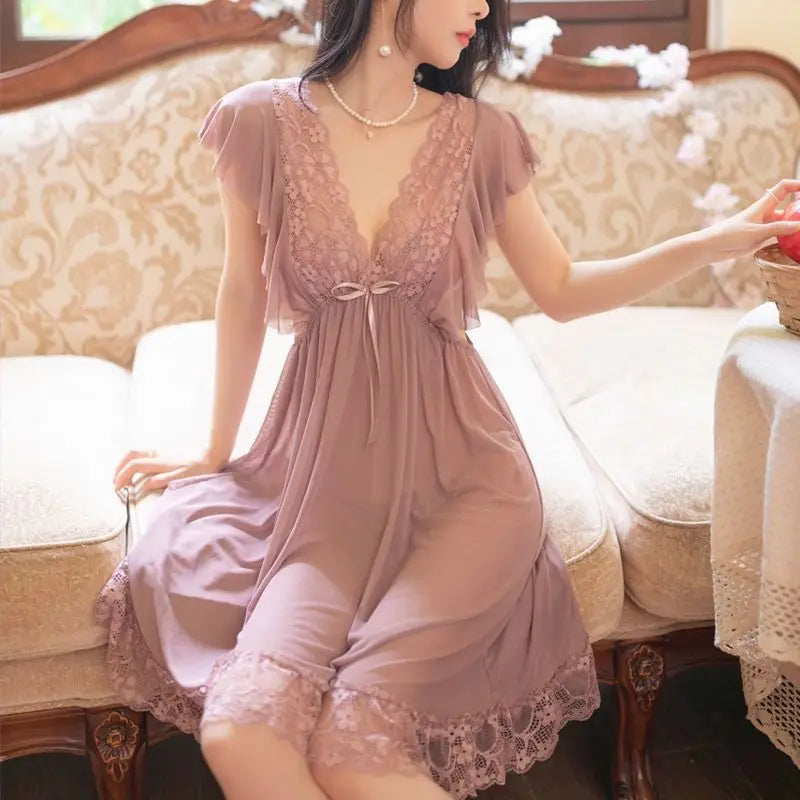 Sexy Sleepwear Women V-neck Nightgown Sexy Nightdress Lace Mesh Pajama Loungewear Summer Dress Nightwear Night Wear