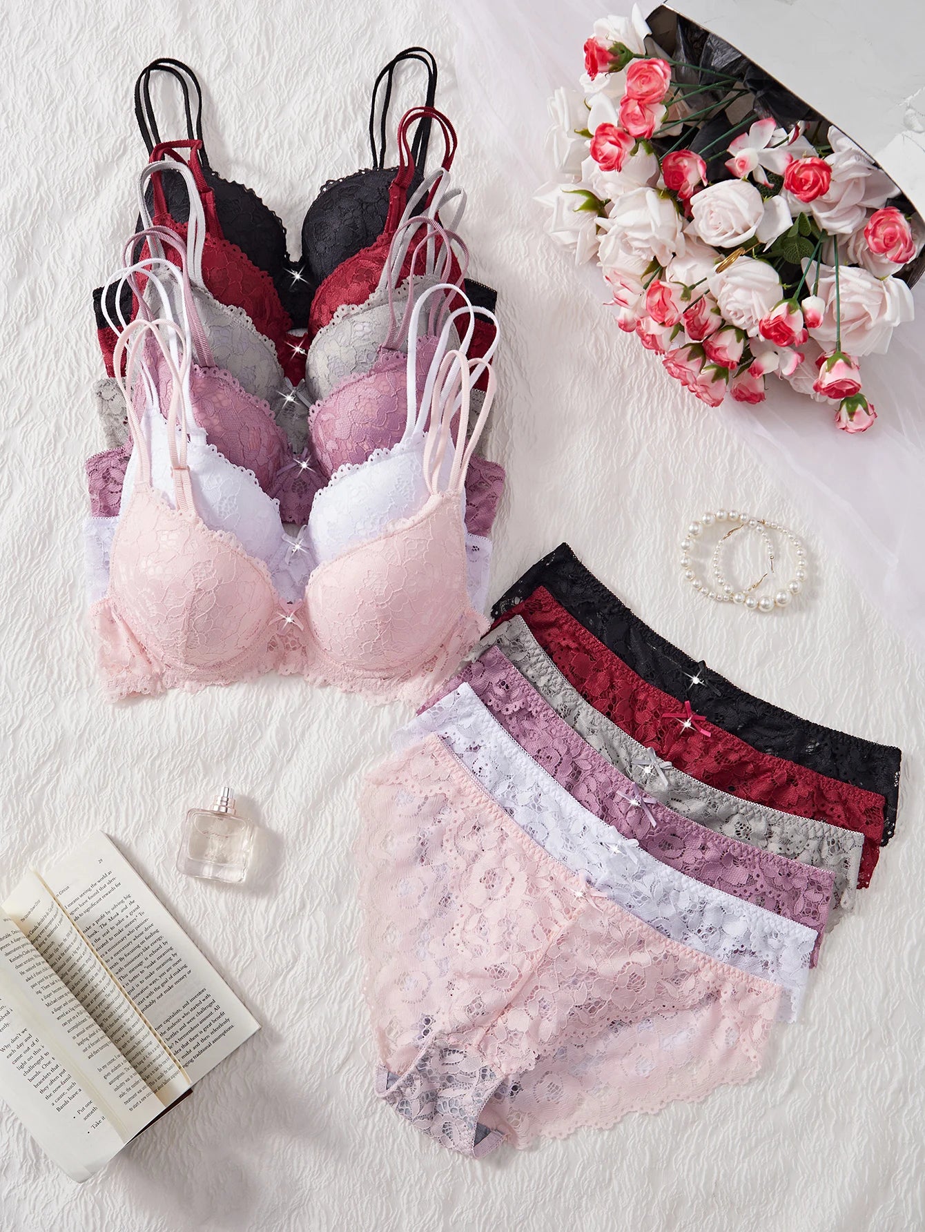 6-Piece Set Women's Bra and Panties Set Sexy Patterned Lace Patchwork No Lining Comfortable Fitting Women's Push up Bra Women's Underwear Set