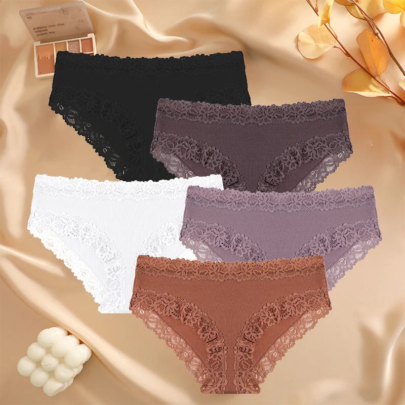5PCS/Set Sexy Lace Cotton Panties for Women Flroal Lace Seamless Briefs Low Rise Lingerie Female Breathable Soft Underwear S-XL