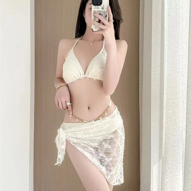 2026 Y2k Summer Cute Pink Sweet Patchwork Sets Cute Bow Design Sexy Lace-up Style Casual Bikini Swimsuit Beach Vaction Clothes