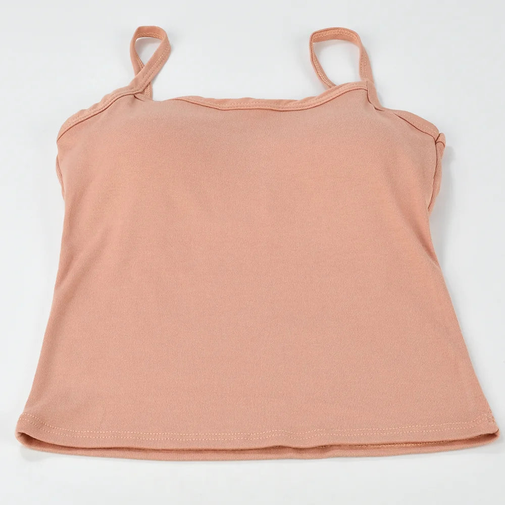 Sexy Summer Sleeveless T-Shirt Spaghetti Strap Cropped Tank Top with Built-in Bra Fashion Solid Color Sporty Camisole
