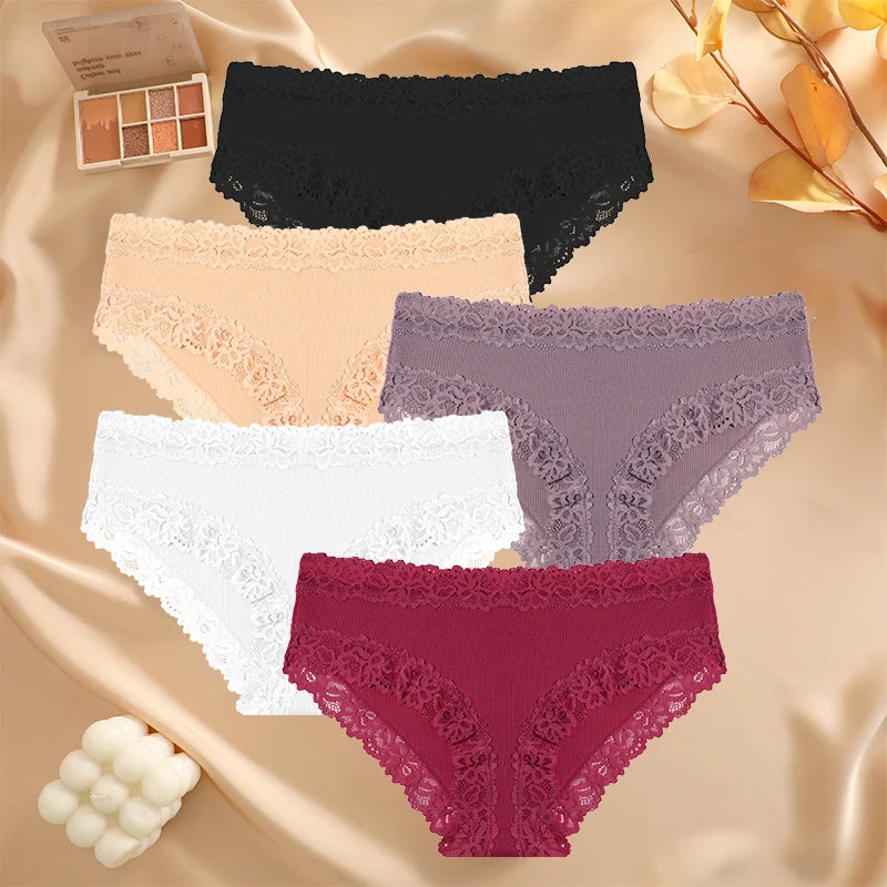 5PCS/Set Sexy Lace Cotton Panties for Women Flroal Lace Seamless Briefs Low Rise Lingerie Female Breathable Soft Underwear S-XL