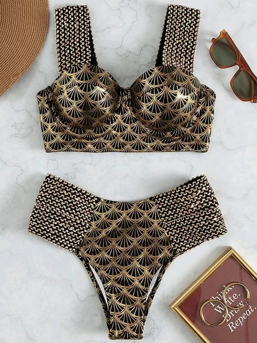 Metallic Stitch Strape Bikini 2026 Women Push Up Golded print Swimsuit Female High Waist Swimwear Bathers Bathing Suit Beachwear
