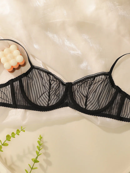 Sexy Black Lace Bra and Panty Set Underwire Push Up No Padding Full Set Sheer Mesh Romantic Lingerie S-L