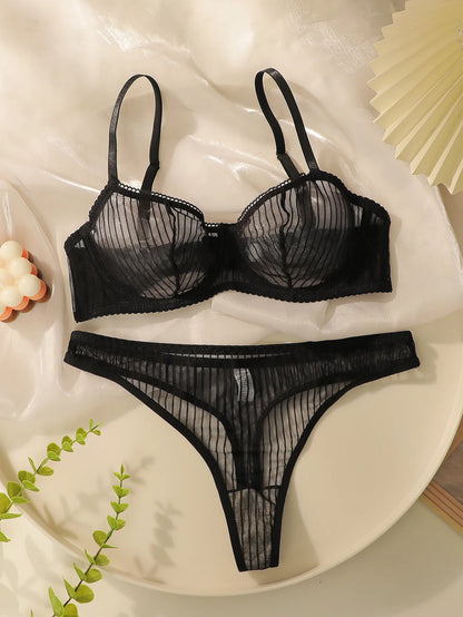 Sexy Black Lace Bra and Panty Set Underwire Push Up No Padding Full Set Sheer Mesh Romantic Lingerie S-L