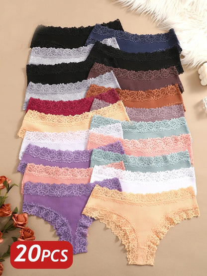 20PCS Women Cotton Brazilian Panties Seamless Lace Thongs Low Rise Female Underwear Comfortable Sexy Lingerie Intimates Panties