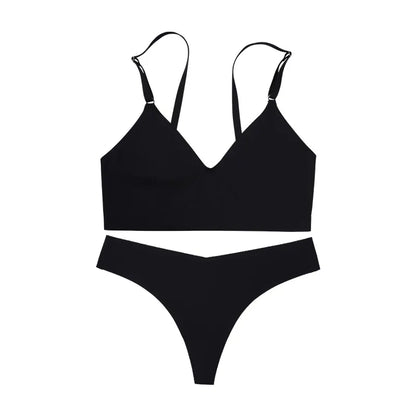 Hot Sale Ladies' V-Neck Style Wire-Free Seamless Underwear Set With Briefs Women Underwear Bras And Panties Set