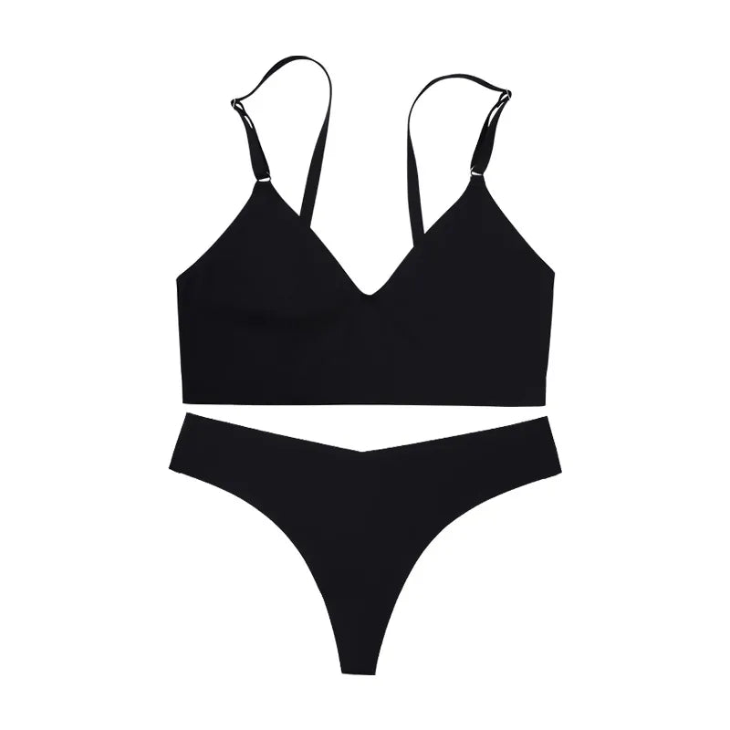 Hot Sale Ladies' V-Neck Style Wire-Free Seamless Underwear Set With Briefs Women Underwear Bras And Panties Set