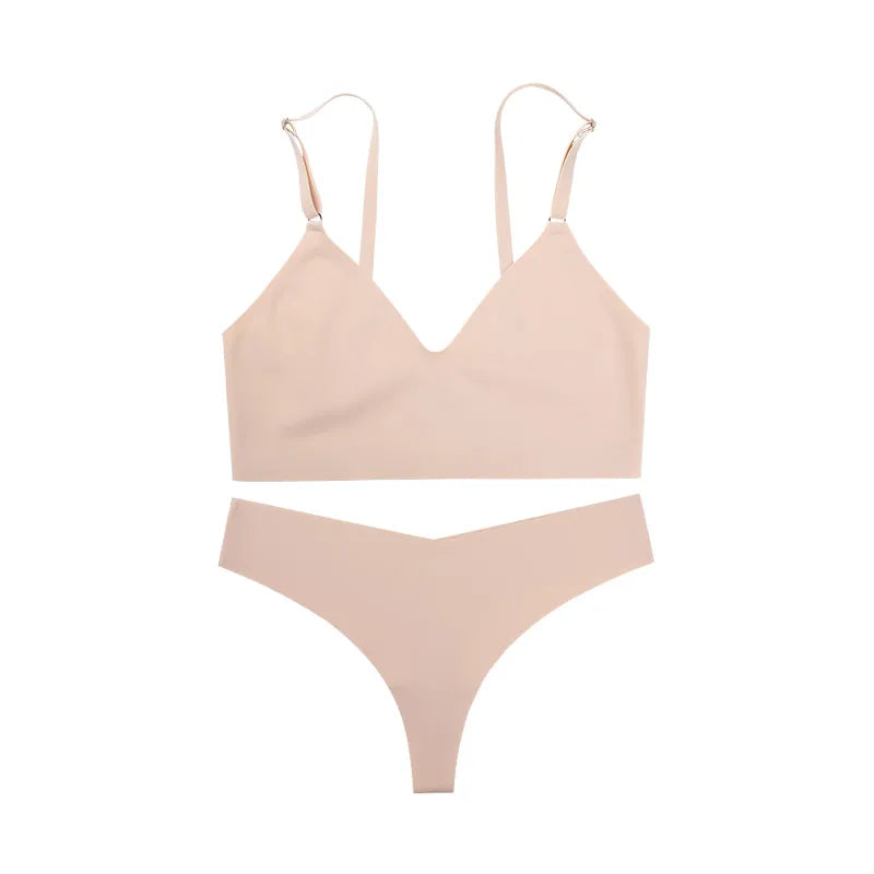 Hot Sale Ladies' V-Neck Style Wire-Free Seamless Underwear Set With Briefs Women Underwear Bras And Panties Set