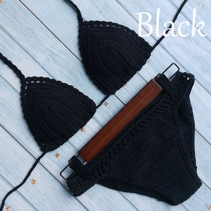 Have Lining Chest Pad Micro Bikini Set Women Crochet Sexy Swimsuit Solid Bikini Backless Swimwear Low Waist Bathing Suit Female