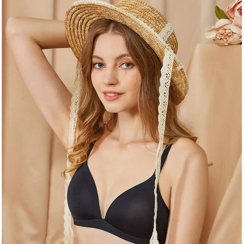 Thin Triangle Cup Bra Non-removable Shoulder Straps Women Underwear Deep-V Adjusted Brassiere Without Steel Ring Sleep Bralette