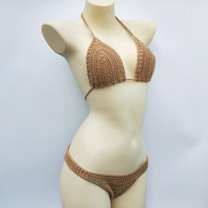 Have Lining Chest Pad Micro Bikini Set Women Crochet Sexy Swimsuit Solid Bikini Backless Swimwear Low Waist Bathing Suit Female