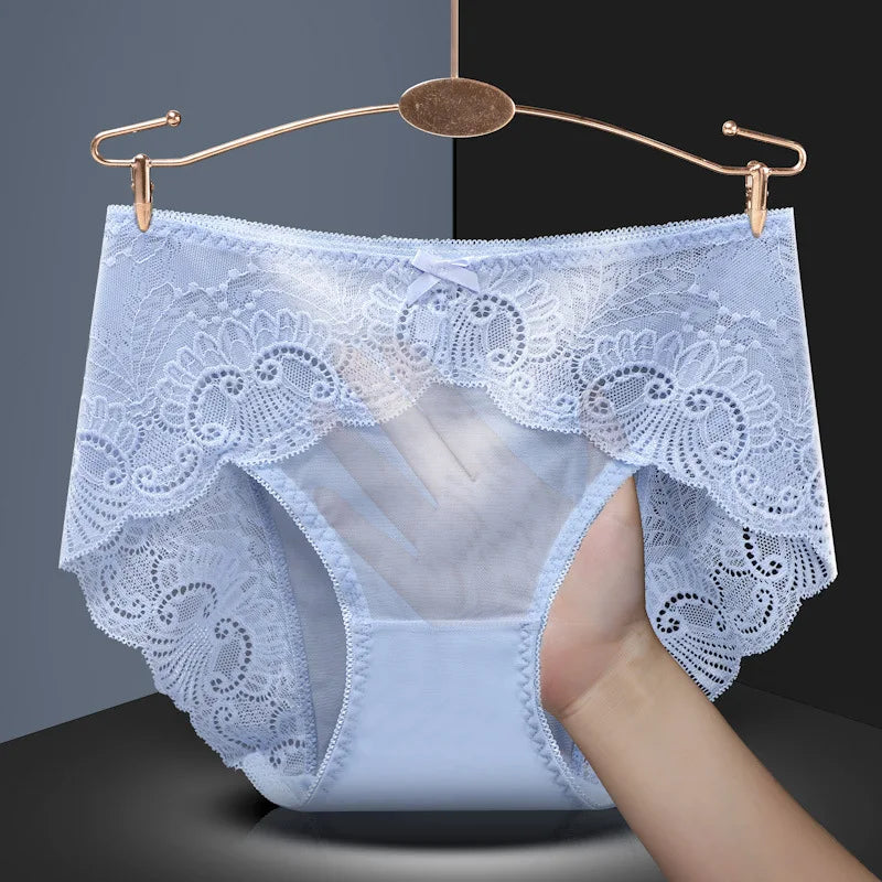 Sexy Thin Breathable Women Underwear Lace Hollow Transparent Middle Waist Female Panties Mesh Cotton Crotch Breifs Lingerie