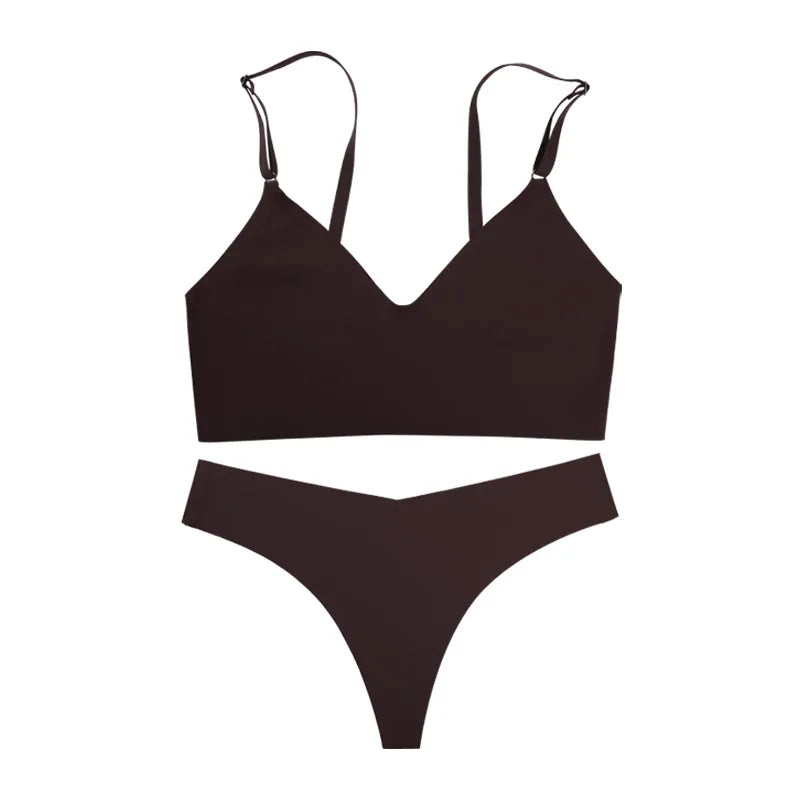 Hot Sale Ladies' V-Neck Style Wire-Free Seamless Underwear Set With Briefs Women Underwear Bras And Panties Set