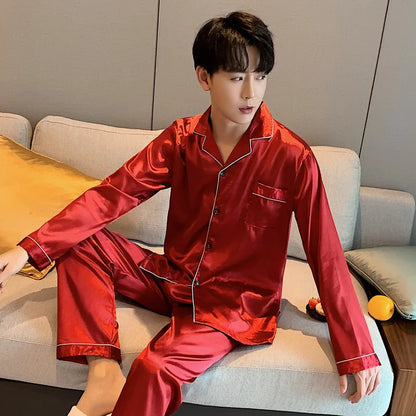 Solid Color Sleepwear Silk Satin Pajamas Couple Set Long Button-Down Pyjamas Suit Pijama Women Men Loungewear Plus Size Pj Set