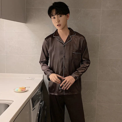 Solid Color Sleepwear Silk Satin Pajamas Couple Set Long Button-Down Pyjamas Suit Pijama Women Men Loungewear Plus Size Pj Set