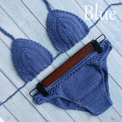Have Lining Chest Pad Micro Bikini Set Women Crochet Sexy Swimsuit Solid Bikini Backless Swimwear Low Waist Bathing Suit Female