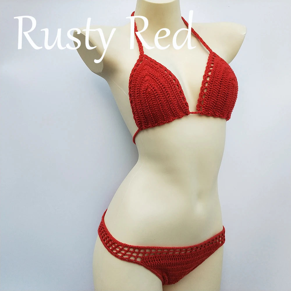 Have Lining Chest Pad Micro Bikini Set Women Crochet Sexy Swimsuit Solid Bikini Backless Swimwear Low Waist Bathing Suit Female