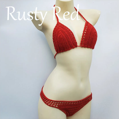 Have Lining Chest Pad Micro Bikini Set Women Crochet Sexy Swimsuit Solid Bikini Backless Swimwear Low Waist Bathing Suit Female