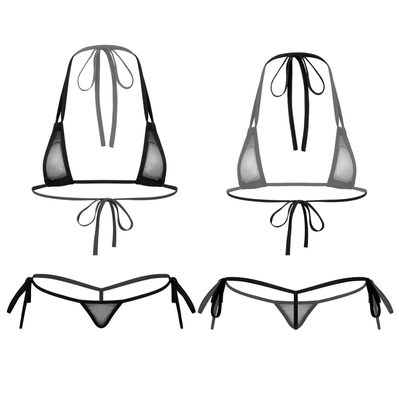 Womens Sexy See-through Mesh Strappy Micro Bikini Set Triangle Swimwear Swimsuit Bathing Suit for Beach Sunbath Swimming Pool