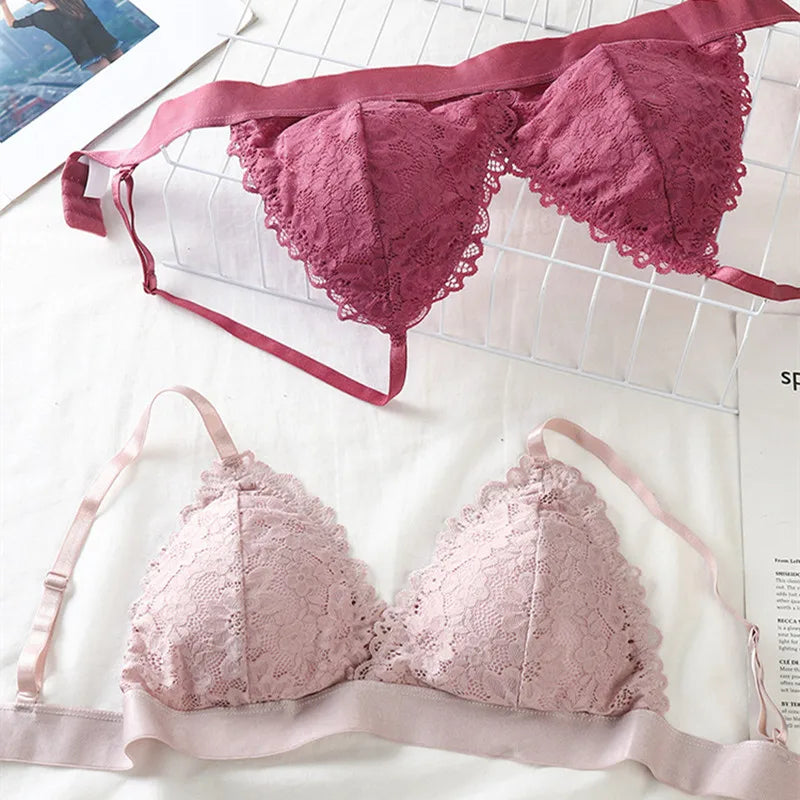 Lace Triangle Bralette Women"s Scalloped Lace Trim Bra Soft Thin Strap Underwear Backless Light Support Bra Sexy Lingerie