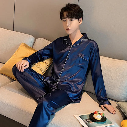 Solid Color Sleepwear Silk Satin Pajamas Couple Set Long Button-Down Pyjamas Suit Pijama Women Men Loungewear Plus Size Pj Set