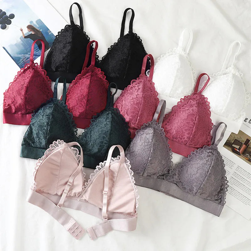 Lace Triangle Bralette Women"s Scalloped Lace Trim Bra Soft Thin Strap Underwear Backless Light Support Bra Sexy Lingerie
