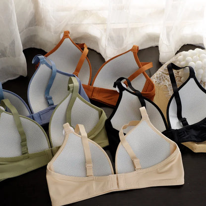 Thin Triangle Cup Bra Non-removable Shoulder Straps Women Underwear Deep-V Adjusted Brassiere Without Steel Ring Sleep Bralette
