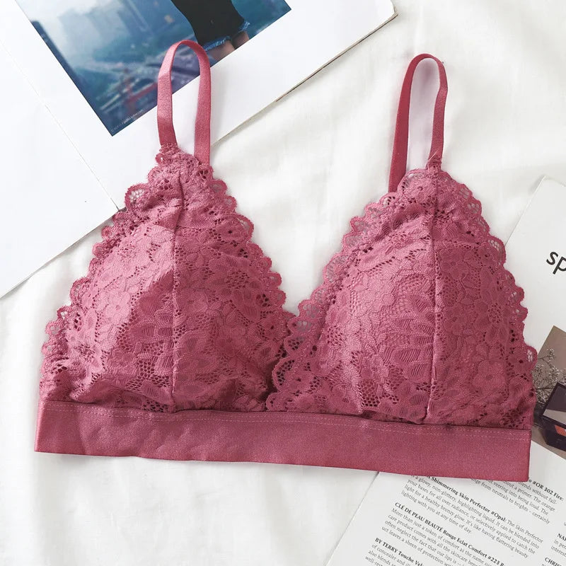 Lace Triangle Bralette Women"s Scalloped Lace Trim Bra Soft Thin Strap Underwear Backless Light Support Bra Sexy Lingerie