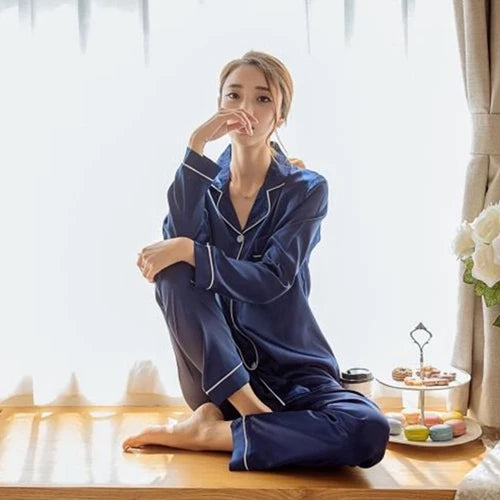 Womens Silk Satin Pajamas Pyjamas Set Long Sleeve Sleepwear Pijama Pajamas Suit Female Sleep Two Piece Set Loungewear Plus Size